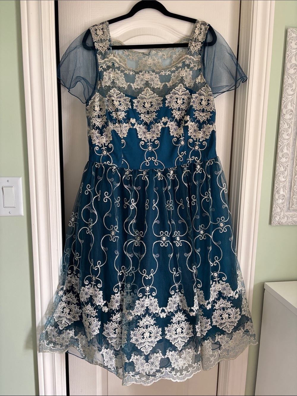 Chi Chi London Teal and Ivory Embroidered Lace Party Dress
